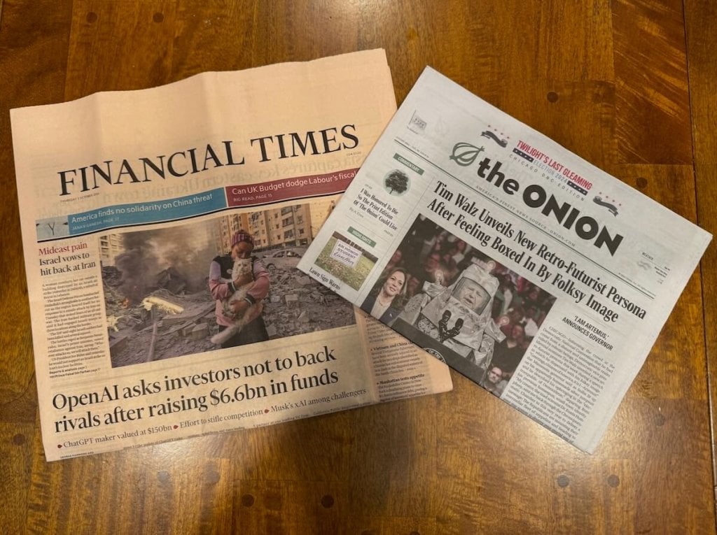 The Financial Times and The Onion, side by side